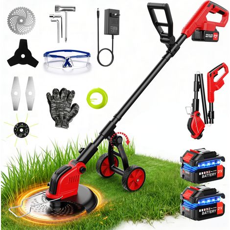INNOPOWER Débroussailleuse sans Fil a Batterie Coupe-bordure Coupe-herbe avec 2 Batteries 3.0Ah 4 Types de Lames Tête Pivotante Roues Réglable Tube Pliable Moteur 850W pour Jardin Court (1/5)