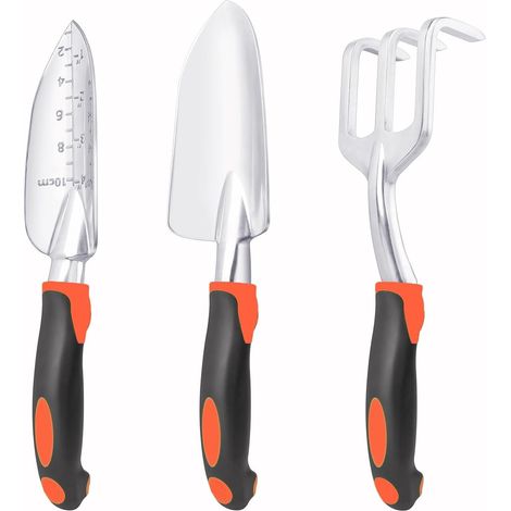 Ensemble d'outils de jardin, ensemble de 3 outils de jardin comprenant une truelle, une pelle et un râteau à main, ensemble d'outils de jardin en aluminium pour la plantation de gazon (1/5)