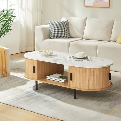 Couchtisch Tvedestrand 120x55x40 cm Bambus Marmorweiß/Natur [en.casa]