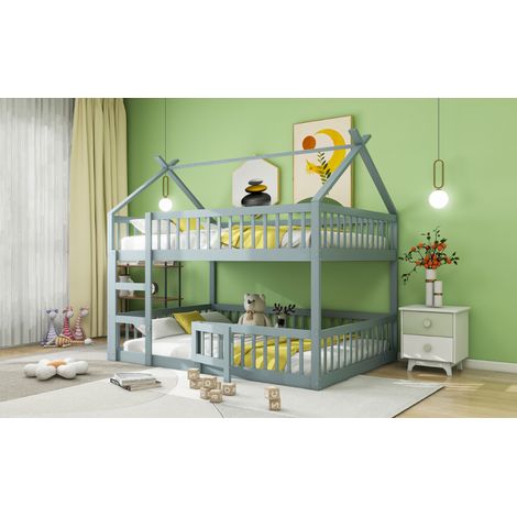 Lit superposé enfant 140x200 cm, lit familial en bois massif gris, mezzanine avec escalier, cadre robuste, design loft, chambre kids, structure 2 lits, bois naturel teinté (1/5)