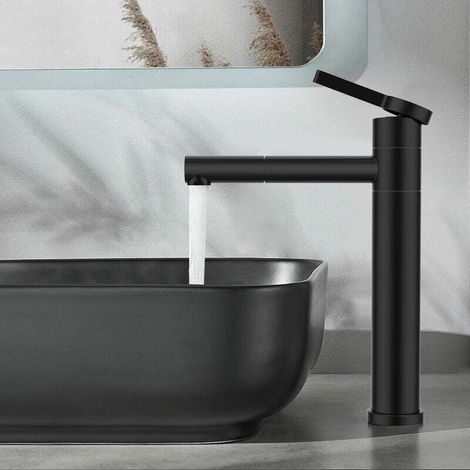 Robinet lavabo noir mitigeur haut bec pivotant 360° – Acier inox – Débit 8.7 L/min – Hauteur sous bec 215 mm – Installation mono-trou-Crezuo (1/4)