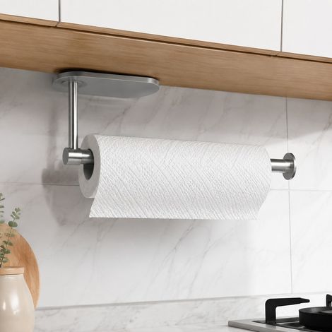 Porte Papier Cuisine Noir Inox - Support Papier Essuie-tout Mural Sans Percage pour Cuisine et Meuble, Colle ou Vis Fournie, Libere le Plan de Travail (1/4)