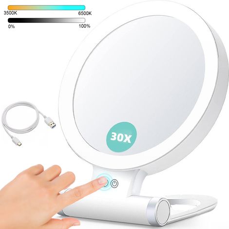 Miroir grossissant avec lumière 30X, Rechargeable Par USB Miroir cosmétique à LED - Double face