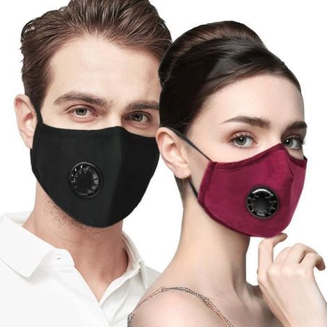 Masque réutilisable lavable anti-pollution de l\'air avec respirateur et 2 filtres, Avec masque à valve rond + 2 filtres Vin rouge-Ywey (1/5)