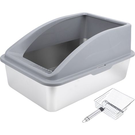 Bac à litière pour chat en acier inoxydable, multifonctionnel, spacieux, ouvert, avec clôture surélevée, boîte pour chat, pour la maison, gris foncé (1/5)