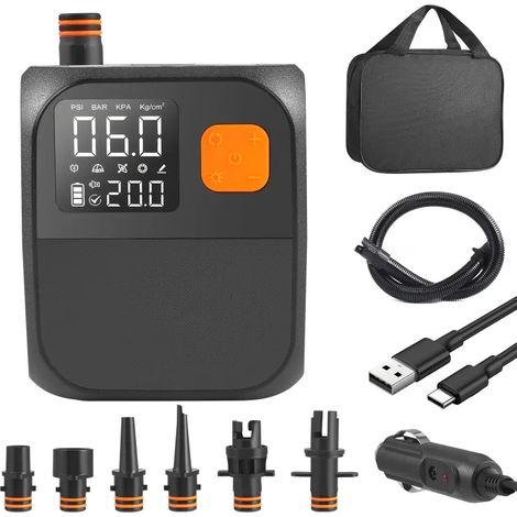 Gonfleur électrique sans fil 25 PSI pour paddle SUP – pompe à air rechargeable 100 L/min, écran LCD bar/PSI, arrêt auto et 6 embouts, batterie externe Type-C, camping plage (1/5)