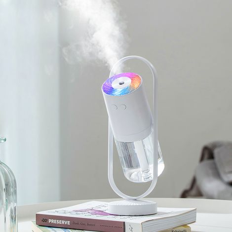 Humidificateur sans fil 360° brumisation fine silencieux rechargeable USB avec lumière projecteur pour maison voiture bureau blanc (1/4)