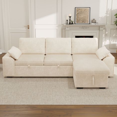Canapé d'angle 3 places avec rangement, canapé-lit gigogne avec porte-gobelets et port USB, dossiers réglables, charge maximale 120 kg, canapé de salon 237 x 141 x 86 cm, beige (1/4)