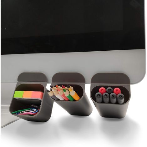 Organizador de escritorio, portalápices y accesorios creativos para debajo del monitor y la pantalla del ordenador (3 unidades, color gris). (1/5)