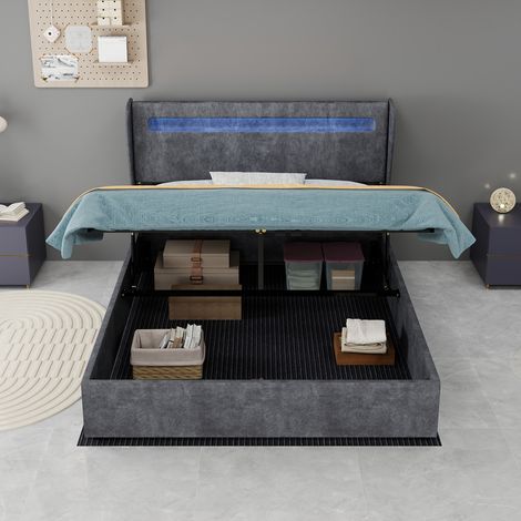 Lit rembourré, minimaliste, 140x200cm, gris, sommier coffre haut avec mécanisme de levage à gaz, matelas non inclus (1/5)