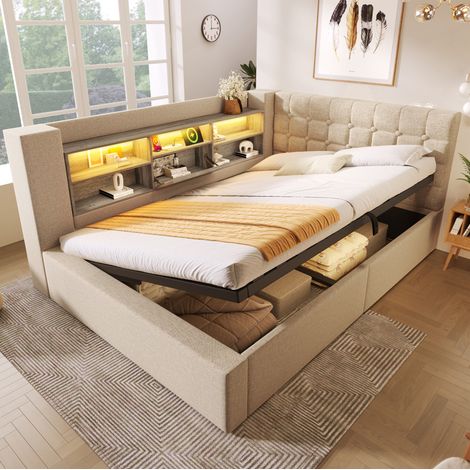 Cama doble 140x190 cm en lino beige con LED y almacenaje, para dormitorio, sin colchón – MEUBLIV (1/5)