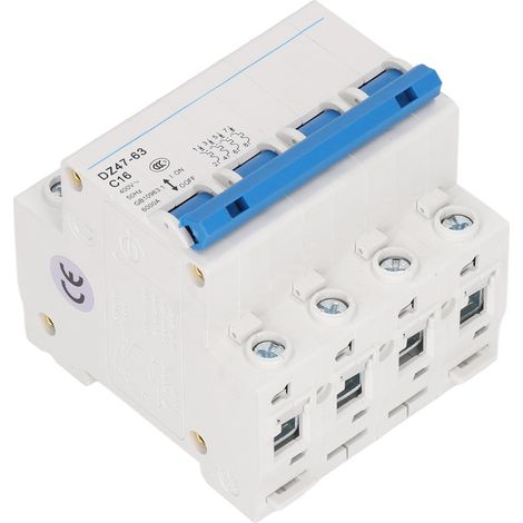 Disjoncteur modulaire 16A DZ47-63 C16, interrupteur automatique basse tension 400V AC, rail DIN, 4P, protection circuit, montage sur rail, coupure air, 4 pôles. (1/5)