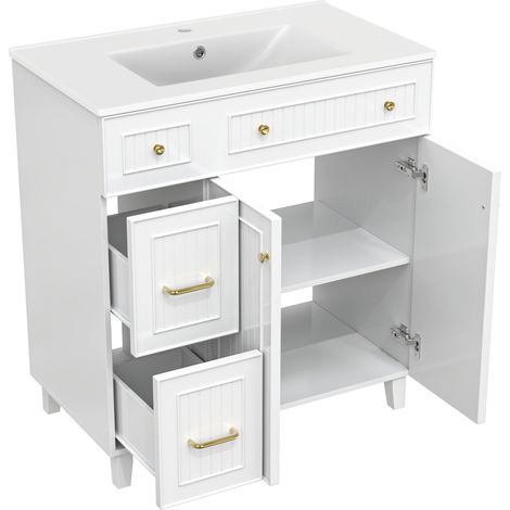 Mueble de baño con lavabo de cerámica 81,7 cm blanco, MDF lacado, patas de madera (1/5)