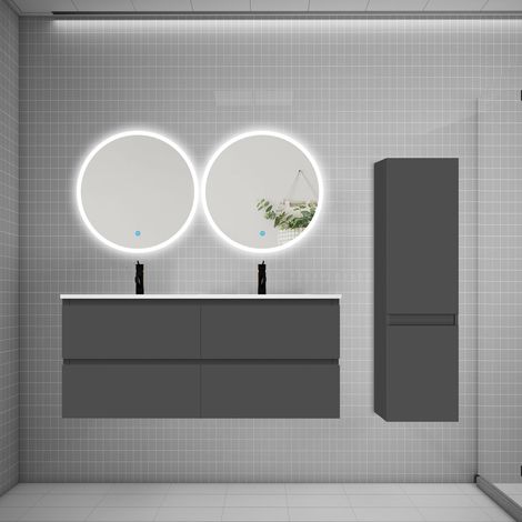 Ensemble meuble double vasque L.120cm 4 tiroirs + lavabo + 2LED miroirs rond 60cm + colonne B,anthracite