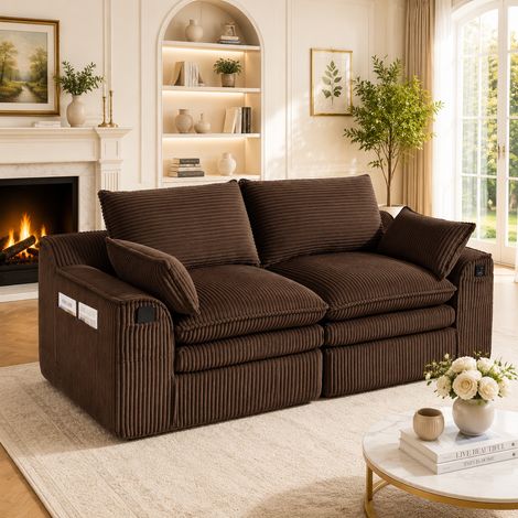 Canapé modulable 2 places en velours côtelé marron – avec coussins inclus, deux poches latérales de tailles différentes, mousse 3 couches et ressorts pour un rebond rapide – idéal pour salon, bureau e