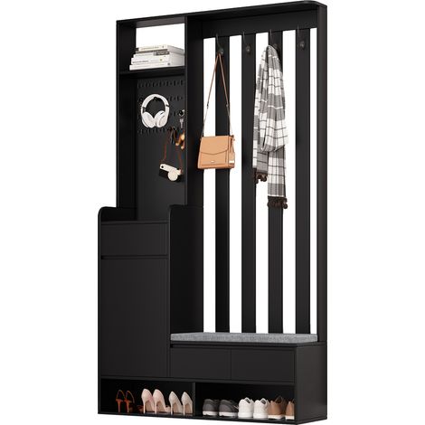 Garderobenmöbel mit Gepolsterter Sitzbank, Lochwand, 4 Haken und 1 Schublade, Modern, aus MDF, 100×35×180 cm, Schwarz (1/5)