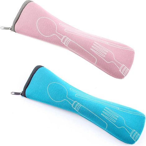 Étui à couverts en néoprène, 2 pièces, transportable, avec fermeture éclair, pour pique-nique, voyage, école ou travail (bleu, rose, (1/5)