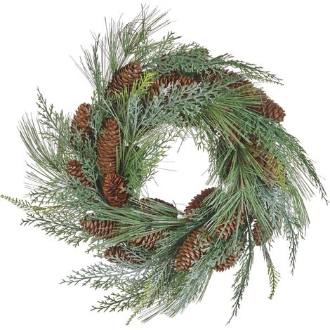 Corona verde 34 cm material sintético ramas piñas nieve Navidad Asturia