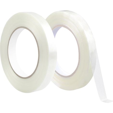 2x Cinta adhesiva de fibra de vidrio, 15 mm x 50 m, cinta de embalaje, cinta de flejado de fibra impermeable, banda reforzada, transparente (1/5)