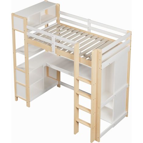 Letto a soppalco 90 x 200 cm con scrivania, ripiani e armadio, pino, naturale (1/5)