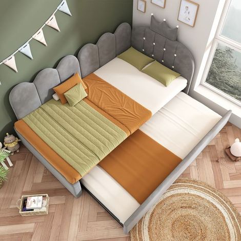 Lit Gigogne 90 x 200 cm 90 x 190 cm Canapé-Lit gigogne Forme en L Velours gris Design couronne et grille Gain de place (1/5)
