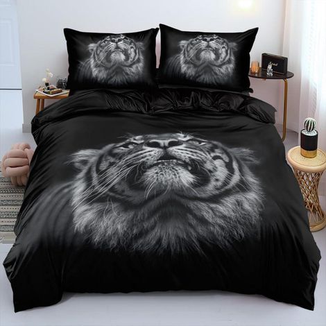 Bettwäsche-Set 220x240cm mit 2 Kissenbezügen 80x80cm, 3D Tiger Motiv, Mikrofaser, Schwarz
