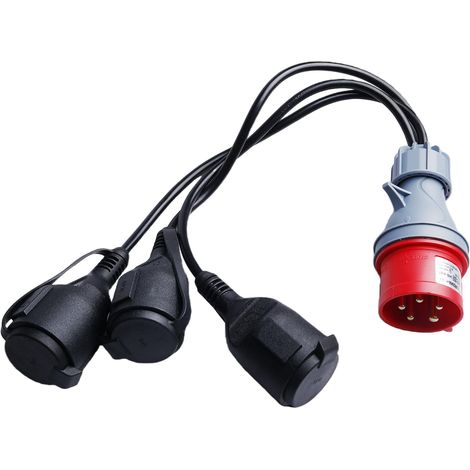 Adaptateur CEE, Câble Adaptateur CEE de Camping avec Couvercle Rabattable et Prise de Terre, 400 V 16 A, Fiche vers 3 Prises 230 V, pour Caravanes, Industrie, Espaces Extérieurs (1/5)