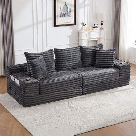 Canapé en Velours Côtelé avec Méridienne - 273 x 98 x 87 cm - Canapé d'Angle Convertible avec Porte-Gobelets - Gris Foncé (1/5)