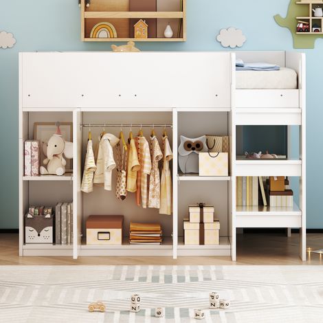 Lit mezzanine multifonctionnel 90200 avec rangement,armoire et étagères – lit de camp avec échelle et écurie Blanc