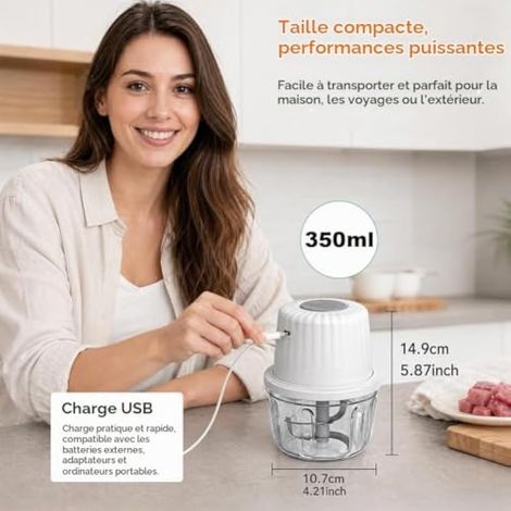Hachoir de cuisine électrique, 400 ml, avec chargement USB, hachoir à légumes, hachoir à oignons, mini robot de cuisine pour viande, noix, fruits, oignons (1/4)