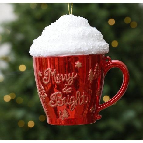 Décoration suspendue sapin de Noël mug rouge brillant 12 cm, motif relief Merry & Bright (1/3)