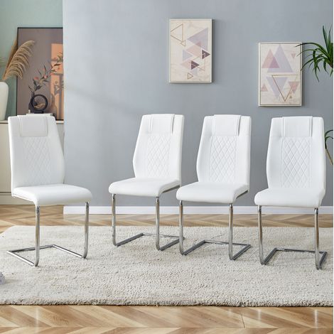 REDOM - Lot de 4 chaises de salle à manger pieds métalliques argentés courbés, dossier à motif maille, style moderne en PU blanc (1/5)