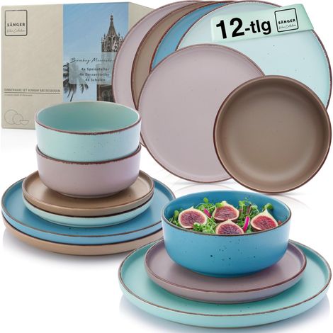 Service de table 12 pièces en faïence pour 4 personnes, 4 assiettes plates, 4 assiettes à dessert, 4 bols, 4 assiettes multicolores (1/5)
