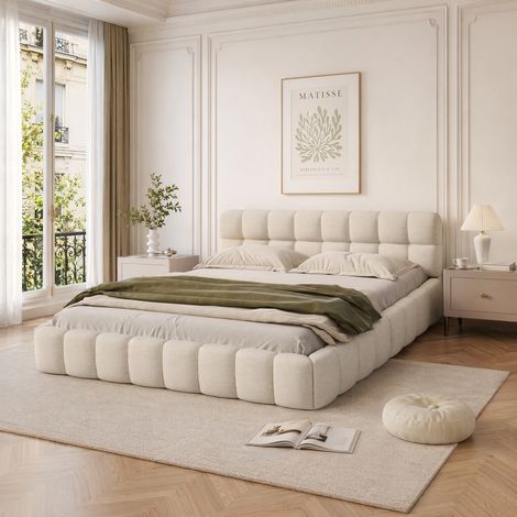 Lit adulte 160x200 cm, Lit double capitonné avec dossier moelleux, Lit plat avec sommier à lattes en bois, Lit bubble bas,  Style scandinave, Lin, Beige (1/5)