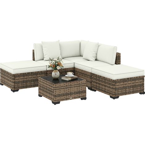 Ensemble de mobilier de jardin d'angle 5 pièces en résine, comprenant canapés, repose-pieds, table basse et coussins, couleur crème