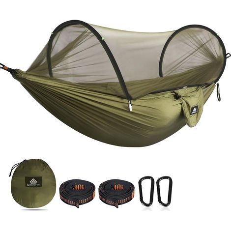 Camping-Hängematte – 1 Person – Fallschirmseide – Moskitonetz – Tragkraft 300 kg – Grün (1/5)