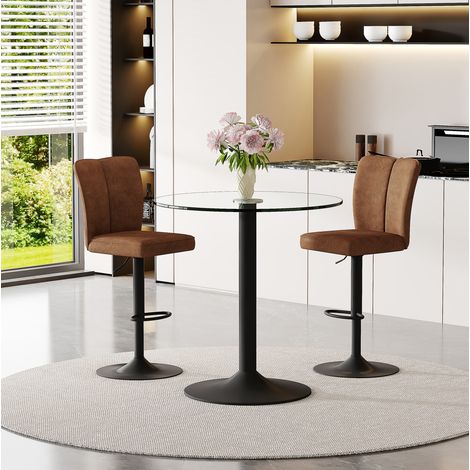 Set de bar de 3 piezas: mesa redonda de vidrio 89 cm y 2 taburetes giratorios, marrón, metal negro (1/5)