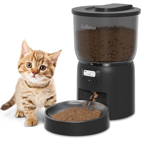 Dispensador automático de comida para gatos Balimo de 3 l, con temporizador programable y recipiente de acero inoxidable, para 6 comidas al día, color negro