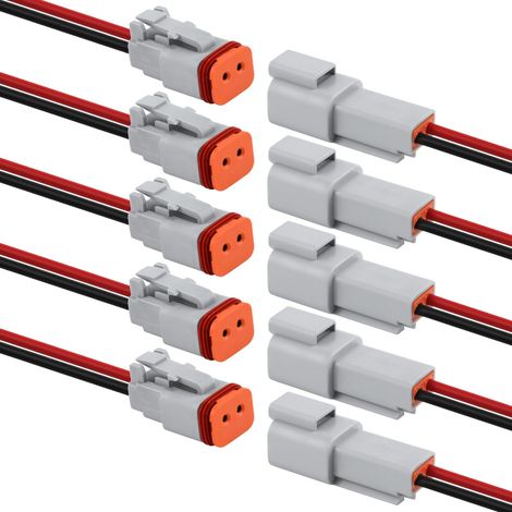 5 Jeux de Connecteur DT 2 Broches, 2 Fils Étanche Connecteur Etanche Connecteur 2 Fils Moto Mâle et Femelle Faisceau de Câbles avec Fil de Câble 16 AWG pour Voiture Camion Bateau Moto (Gris) (1/5)