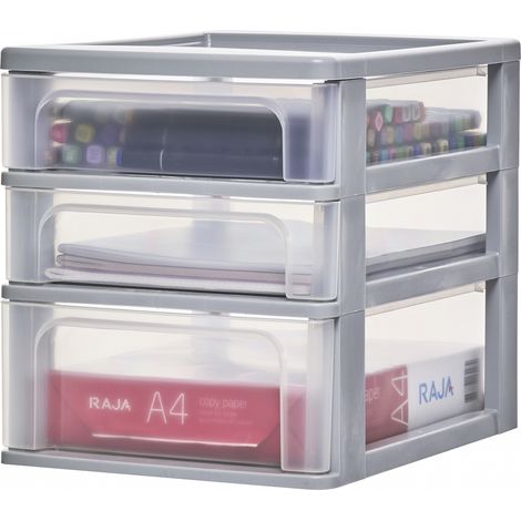 Iris Ohyama Cassettiera in Plastica, Portaoggetti, 2 Cassetti Piccoli e 1 Medio, Grigio, Apertura Facile, Formato A4, Trasparente, Per Ufficio, Documenti, Forniture e accessori, Senza BPA, OCH-2021