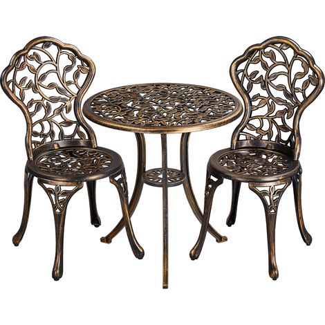 Yaheetech Set di Tavolo e Sedie da Giardino 2 Sedie 3 Pezzi Bistrò Veranda Set Mobili Balcone Motivo a Foglia in Alluminio Bronzo