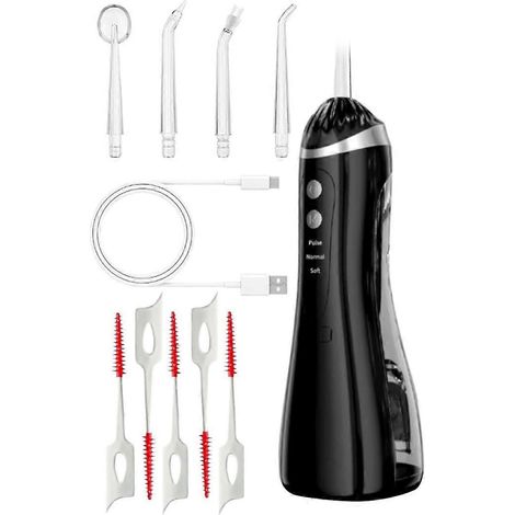 Hydropulseur dentaire rechargeable pour le nettoyage des dents, les soins buccaux et le blanchiment - Étanche IPX7, portable, 4 embouts (noir) (1/5)