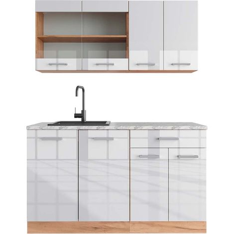 Cucina monoblocco R-Line, Bianco lucido/oro power oak, 140 cm , PL Marmo, Vicco