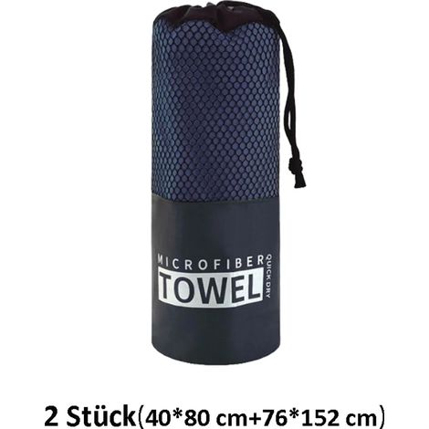 Ensemble de 2 serviettes de sport et de plage avec sac en filet, idéal pour le fitness et le sport. Dimensions : 40 x 80 cm + 76 x 152 cm. Couleur : bleu foncé. (1/5)