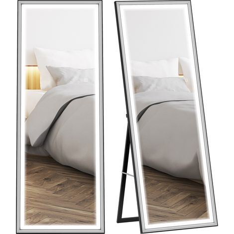 HOMCOM espejo de pie cuerpo entero con luces 165x60 cm, independiente, apoyado y de pared, 3 temperaturas de color, brillo ajustable, blanco y negro