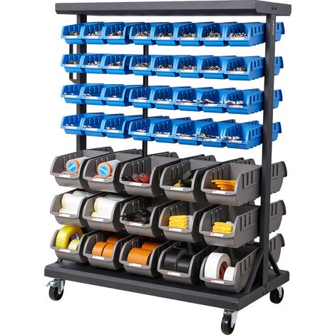 VEVOR Scaffale Portaoggetti con Ruote a 7 Ripiani e Doppio Lato, 94 Contenitori per Parti a Doppio Lato, Contenitori in Plastica per Utensili Mobili per Garage, Magazzino, Ufficio, Ristorante, Aula