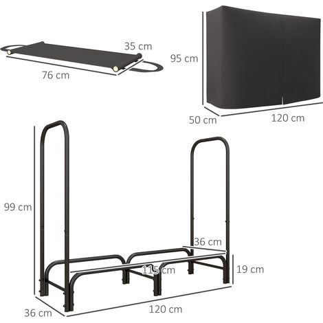 Rack à bois 120x36x99 cm support de bûches avec sac de transport en toile 600D Oxford, housse déperlante pour jardin terrasse, métal noir (1/5)