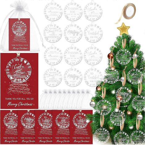 Nezyo - Lot de 24 décorations de Noël en acrylique, pendentifs ronds, avec carte de remerciement, ruban et sac en filet. Décorations de Noël. Merci. (1/5)