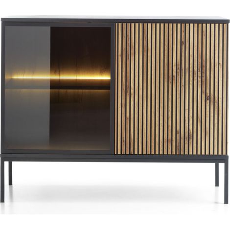 Commode : étroite moderne à façade cannelée, 104 × 83 × 39 cm, chêne noir / Wotan (1/5)