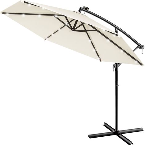 KINGSLEEVE® Ampelschirm LED Beleuchtung UV Schutz 80+ Solar Ständer Schutzhülle 300cm Groß Kurbel Balkon Terrasse Gartenschirm Sonnenschirm creme (1/5)